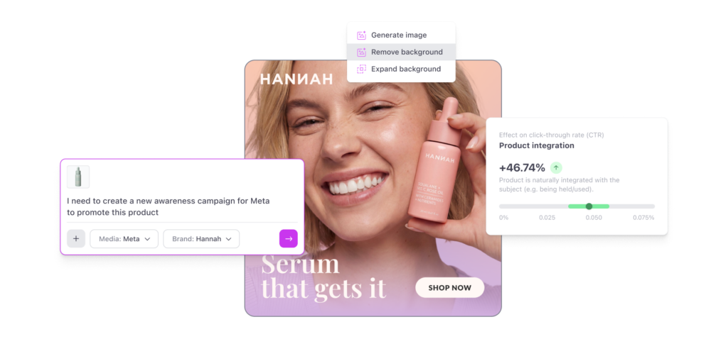 AI prompt interface by Celtra showing an awareness campaign brief for a beauty brand named Hannah targeting Meta ads.