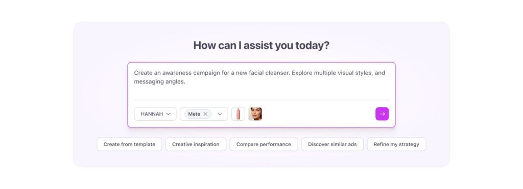 Celtra GenAI creative workflow dashboard displaying predictive analytics for click-through rate alongside an AI-generated Meta ad asset for skincare.