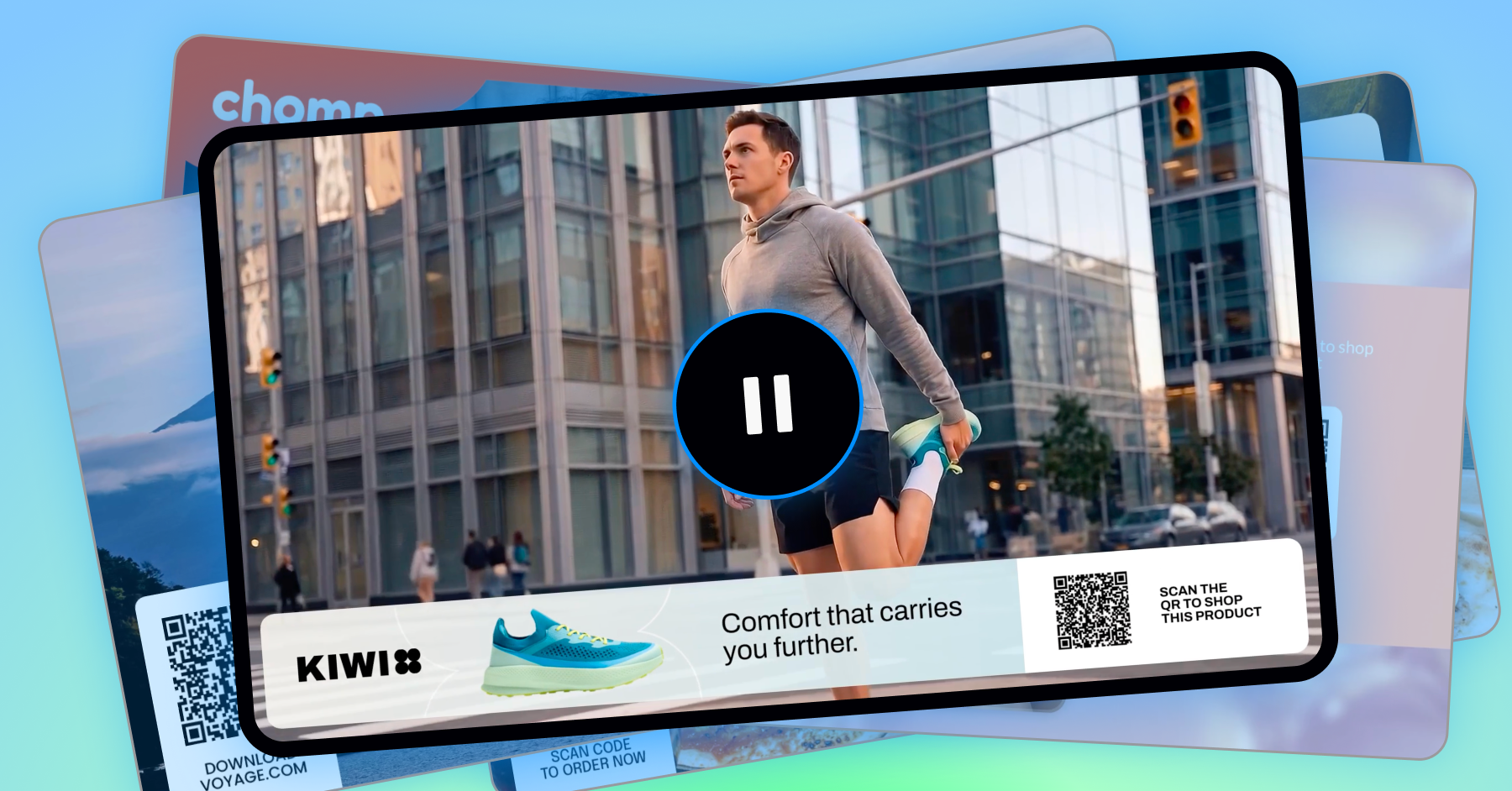 Paused CTV pause ad for Kiwi running shoes with a QR code overlay inviting viewers to shop the product