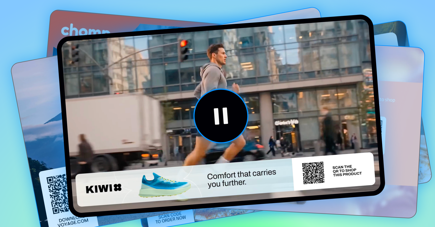 Paused CTV pause ad for Kiwi running shoes with a QR code overlay inviting viewers to shop the product