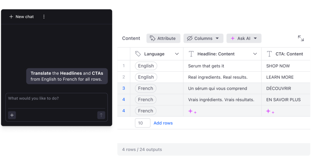 Celtra user interface showcasing AI creative automation capabilities with a translation prompt converting ad headlines and CTAs from English to French.