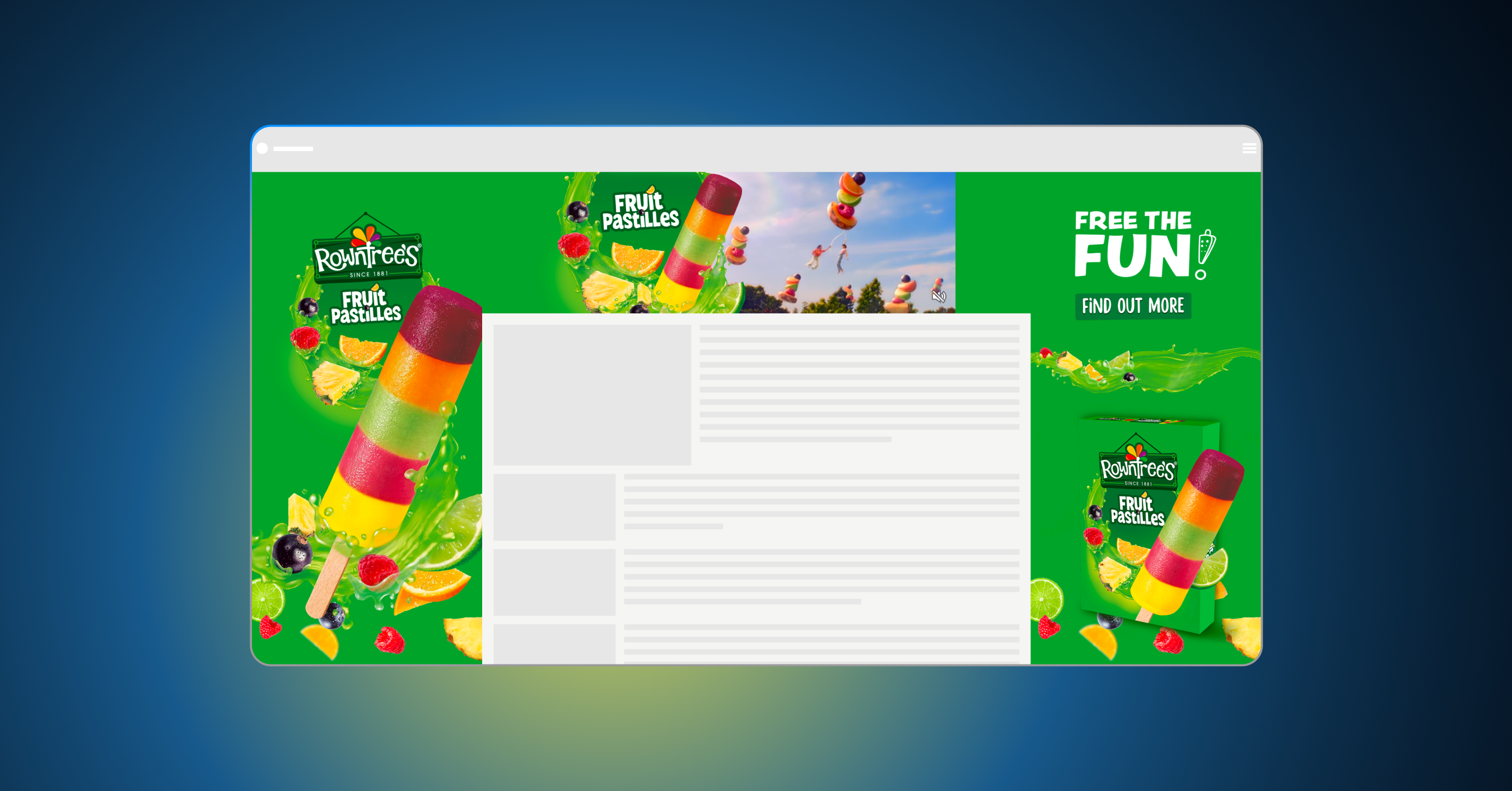 Immersive, responsive, high-impact rich desktop skin experience featuring brand video and product.