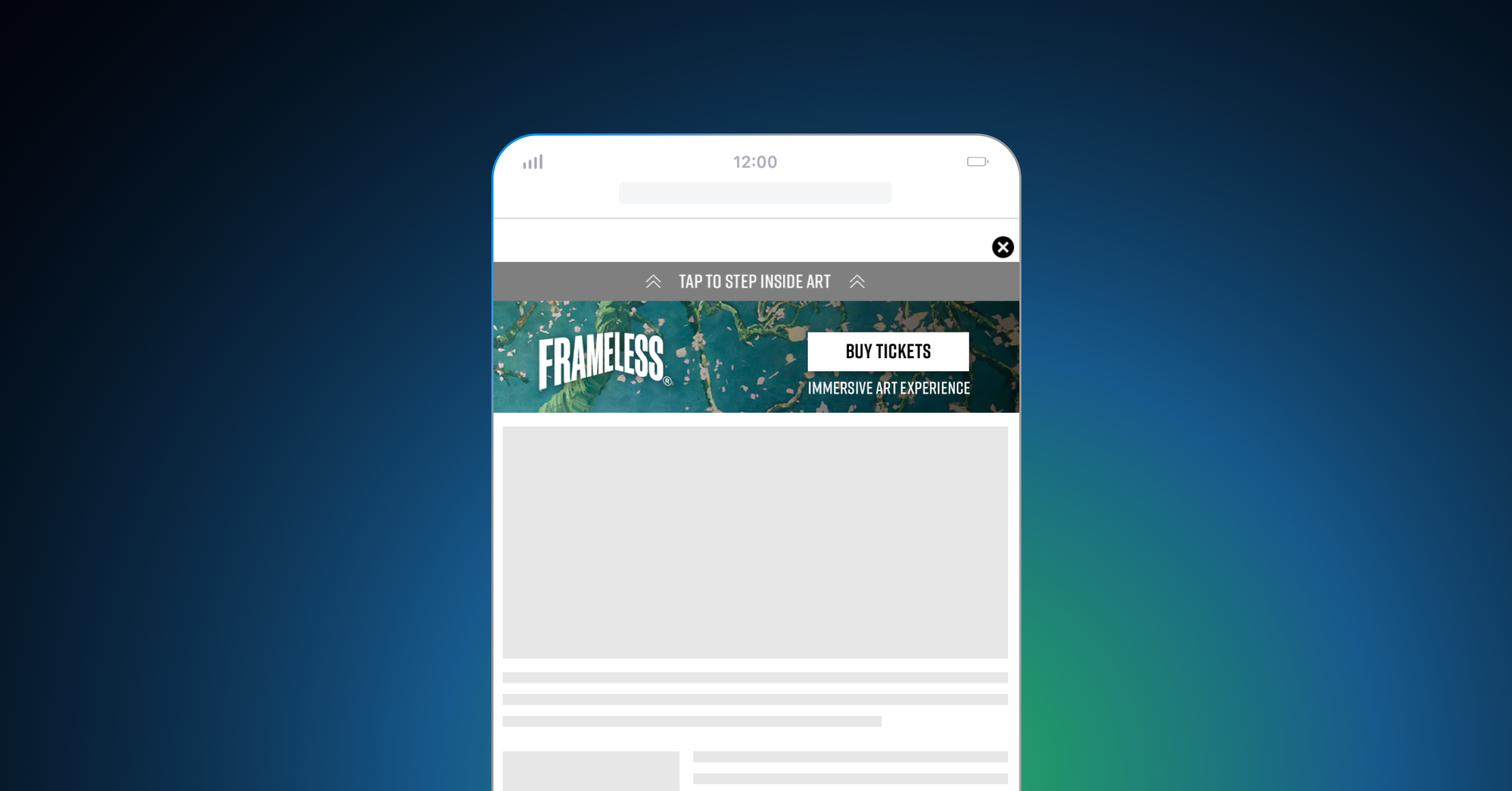 A sticky banner with full-screen expansion that reveals additional content like a gallery, promotional video, and testimonials.