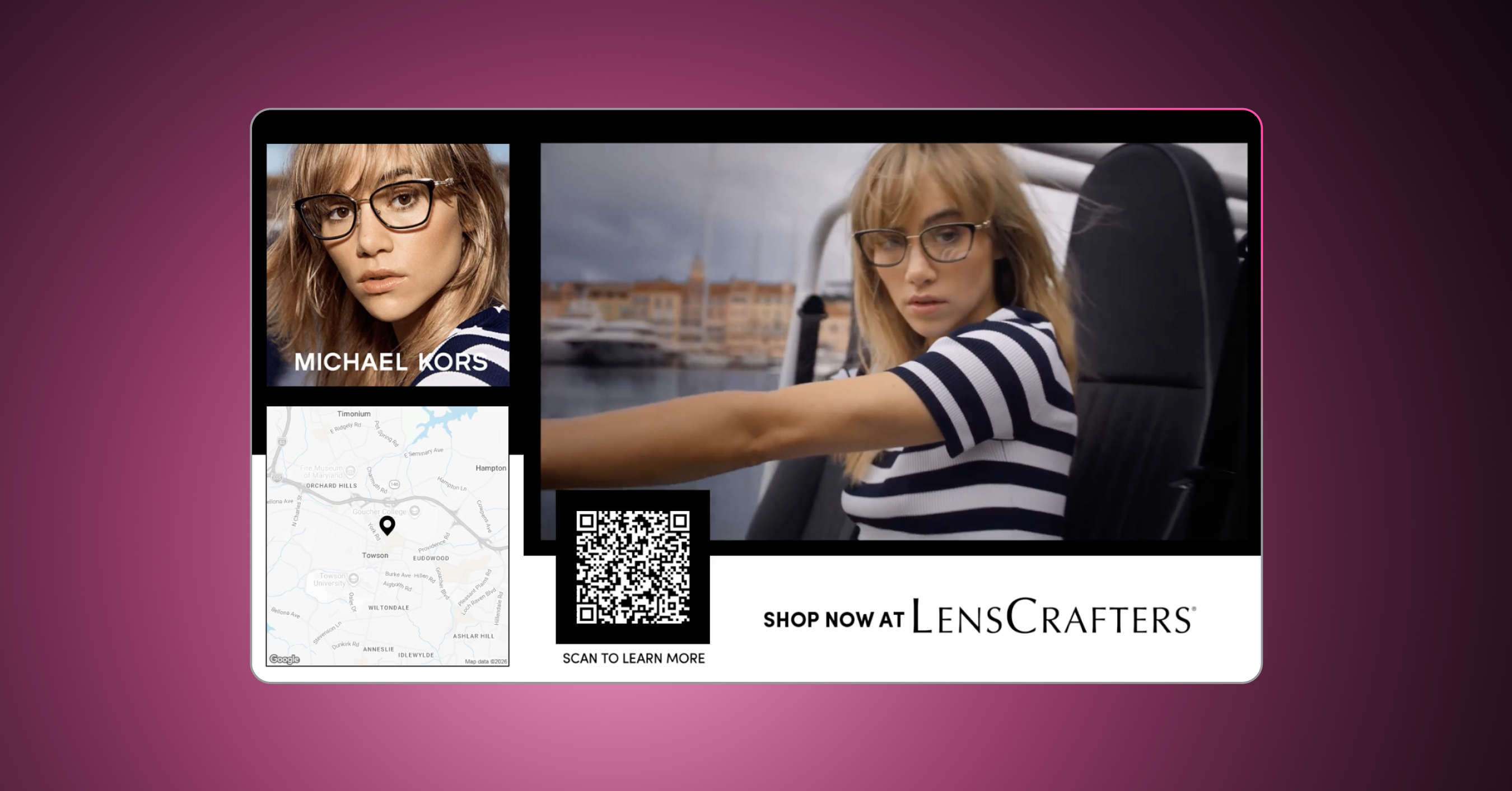 A branded CTV video experience combining video with an integrated store locator and QR code.