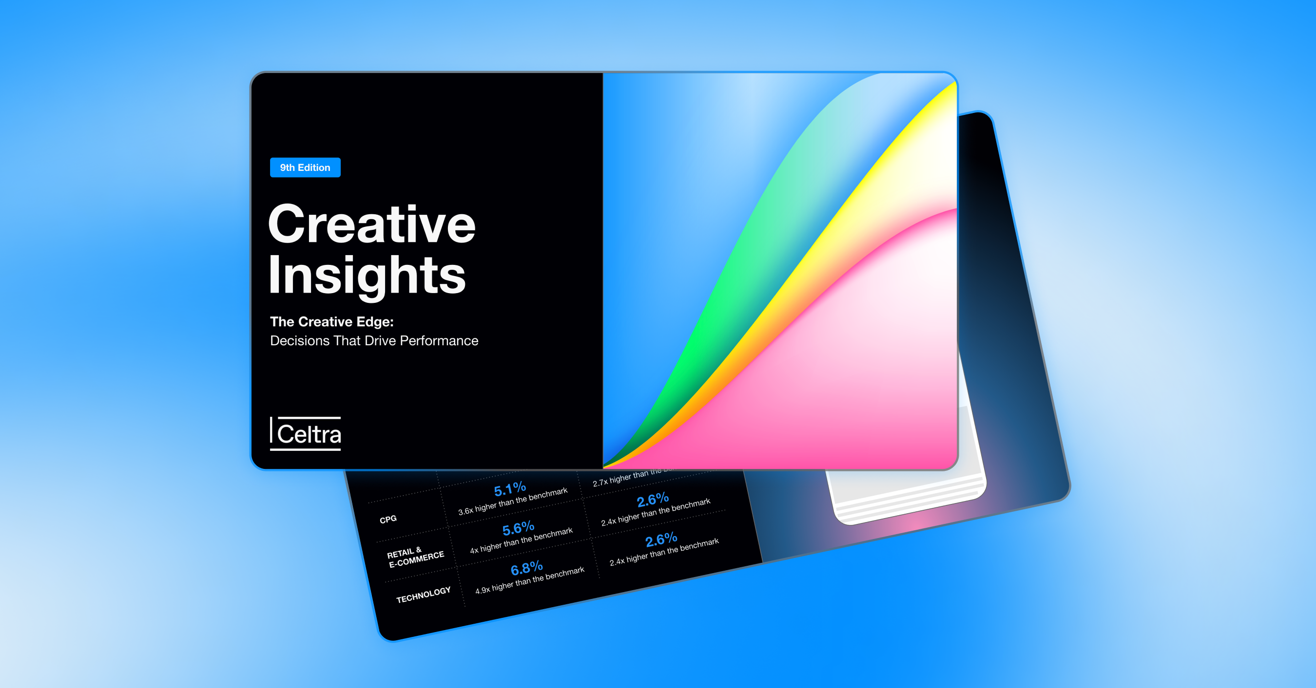 Mockup of Celtra's Creative Insights 9th Edition report cover against a bright blue background, displaying vibrant curved color patterns and a preview of benchmark data tables underneath.