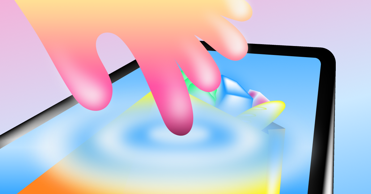3D illustration of a hand touching a tablet screen, symbolizing interactive ad engagement and digital display advertising.