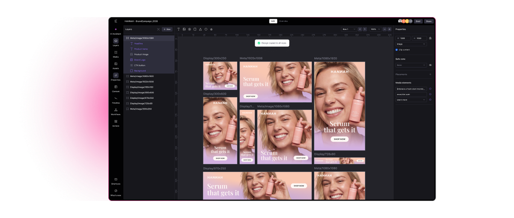 Celtra creative automation editor producing Meta and display ad sizes for a skincare campaign ready for DCO