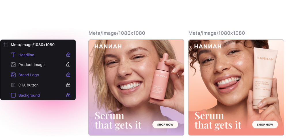 Brand-locked template in Celtra keeping headline, logo and CTA fixed while product images change across DCO ad variants