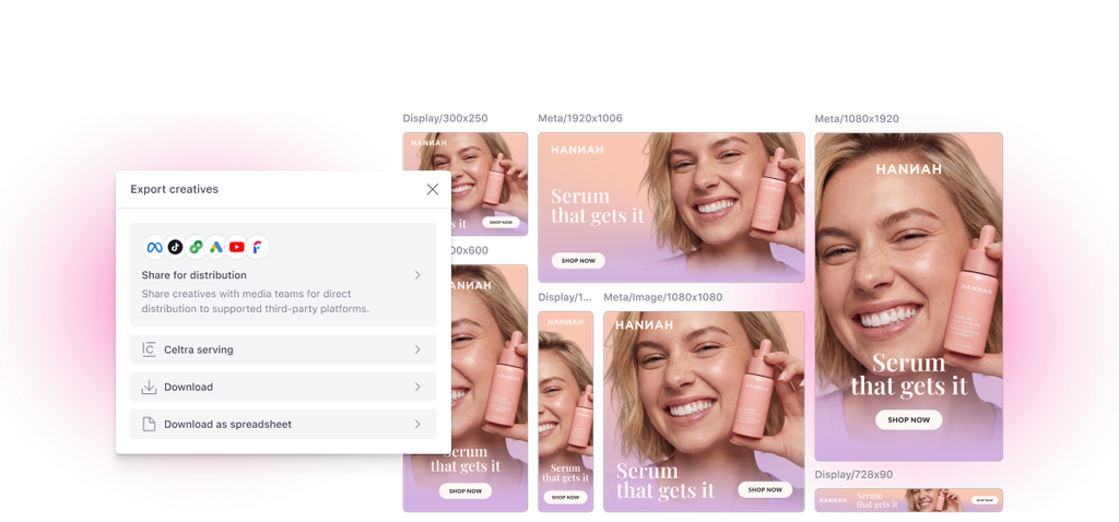 Celtra export panel sending DCO-ready creatives in multiple ad sizes to Meta, TikTok, Google Ads, YouTube and Celtra serving