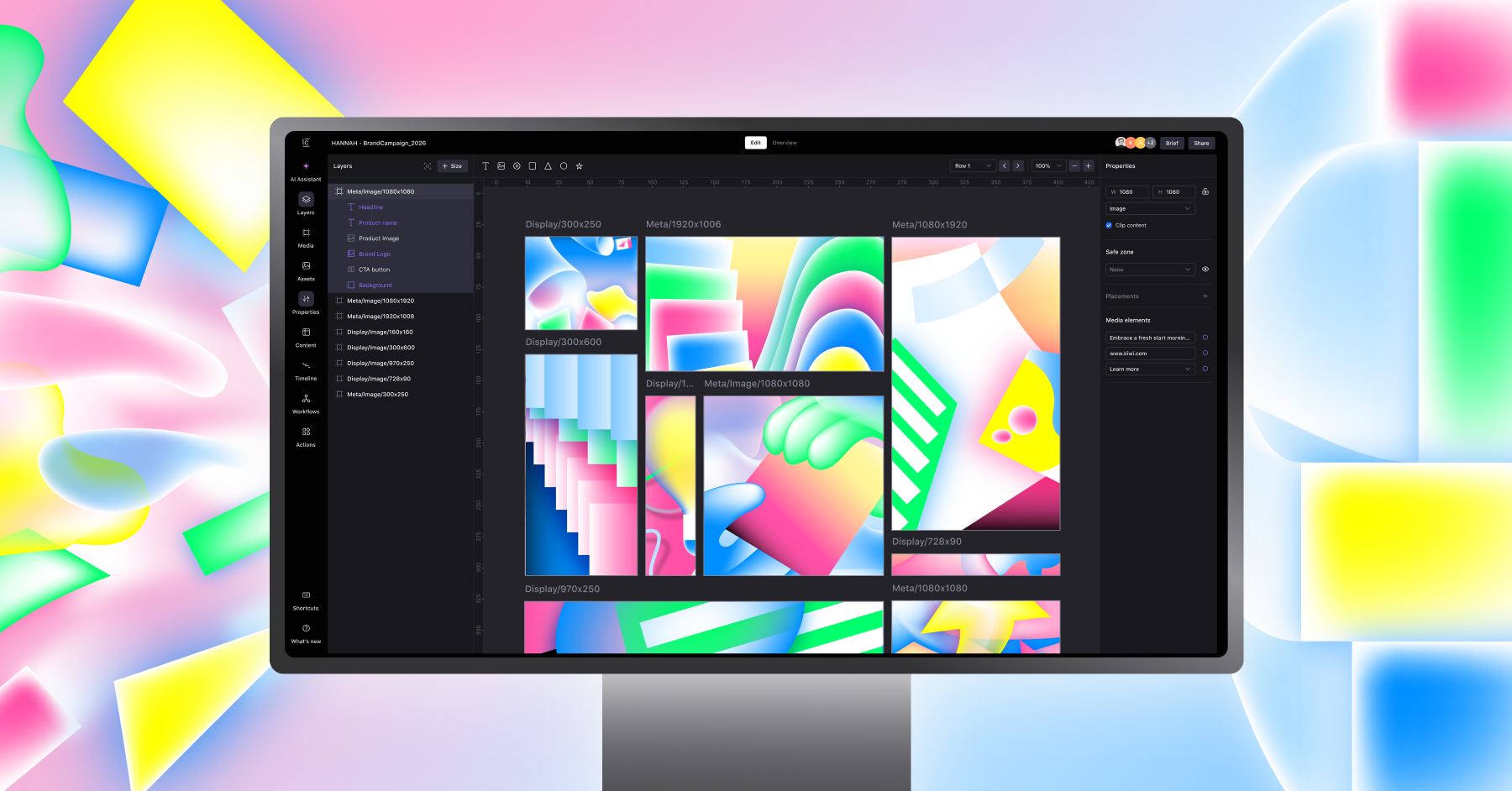 Celtra Creative Automation platform workspace showing a master ad design generating multiple automated display and social formats.
