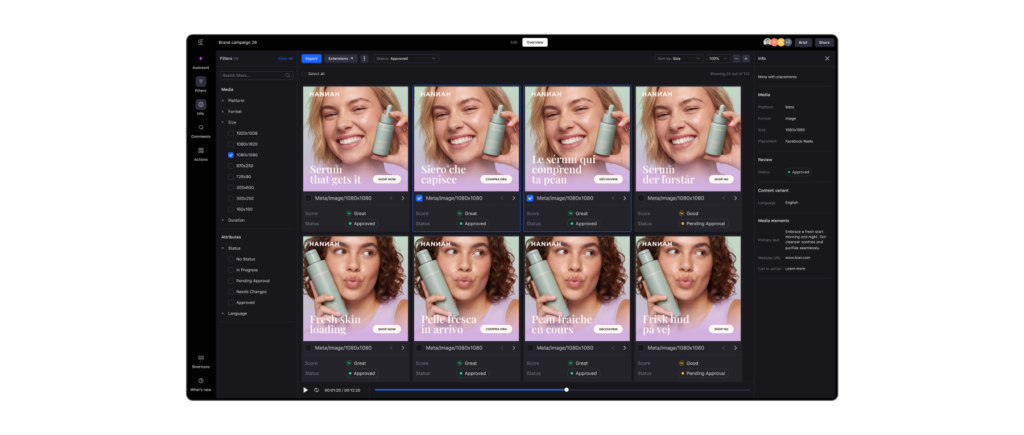 Automated ad variations across various aspect ratios, formats, and audience messages generated from a single master template in Celtra.