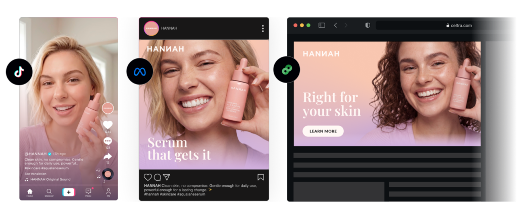 Completed dynamic ad variations previewed across social channels, programmatic display, retail media, and CTV ad environments.
