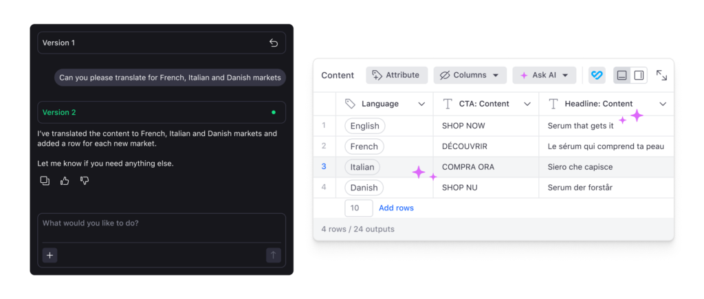 Celtra AI Agent translating ad copy into French, Italian, and Danish with a localized content table