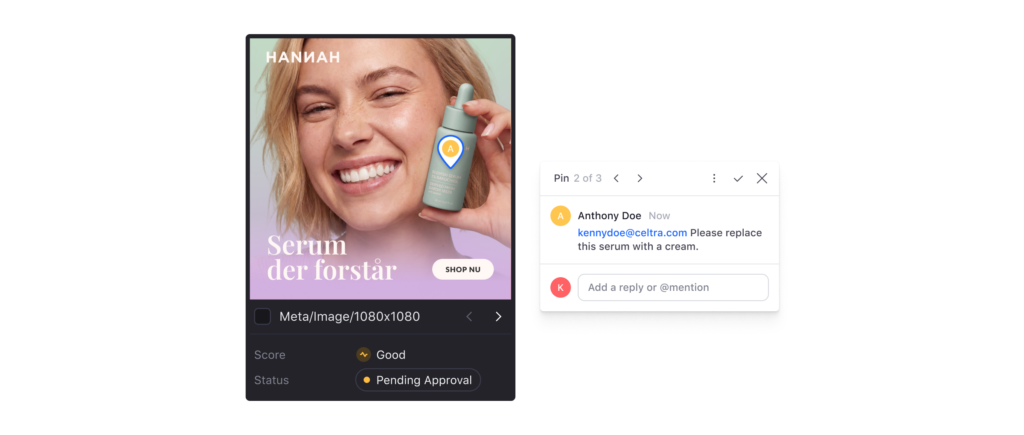 Ad creative under review in Celtra with a reviewer comment pending approval