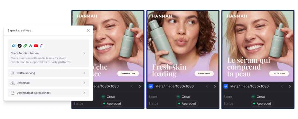 Celtra Export Creatives panel with three approved, localized ad variations ready for distribution