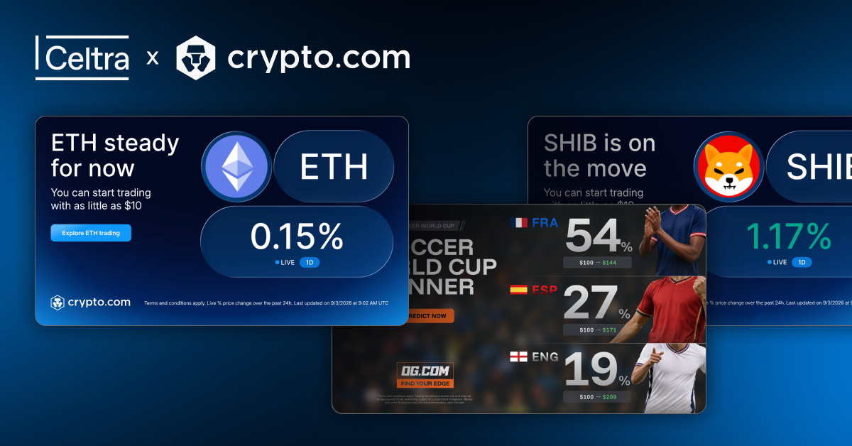 Celtra and Crypto.com partnership case study cover showing dynamic automated display ads with real-time trading updates.