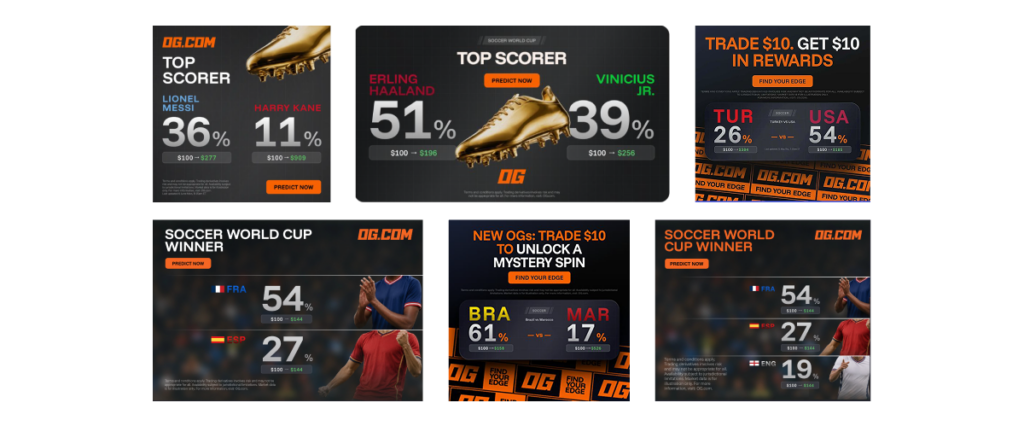 Crypto.com sports betting dynamic display ad variations powered by Celtra showing Soccer World Cup predictions and Golden Boot odds.