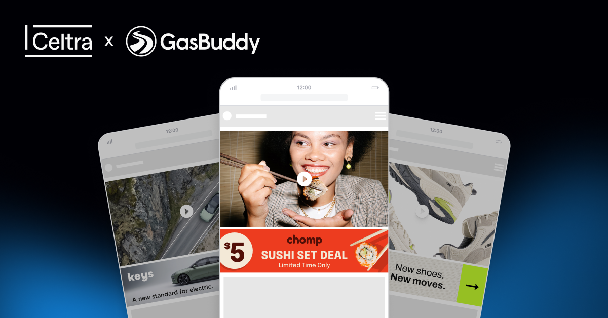 Celtra x GasBuddy case study cover featuring mobile mockups of the Video Hero rich media ad format.
